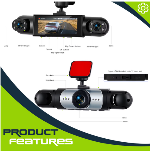 Podofo 3.16 pollici Dash Cam per auto 1080P e 3*480P Telecamera di registrazione per auto DVR per auto per retromarcia anteriore sinistra destra telecamera per retromarcia
