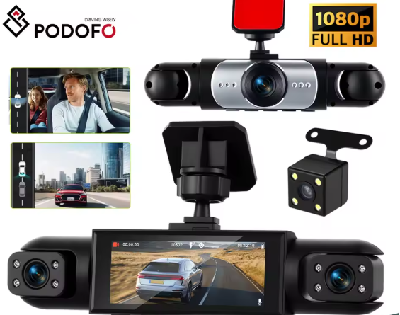 Podofo 3.16 pollici Dash Cam per auto 1080P e 3*480P Telecamera di registrazione per auto DVR per auto per retromarcia anteriore sinistra destra telecamera per retromarcia