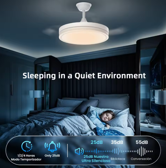 Ventilatore da soffitto moderno con LED, telecomando, 3 colori di luce selezionabili, pale invisibili, silenzioso, ideale per la camera da letto.
