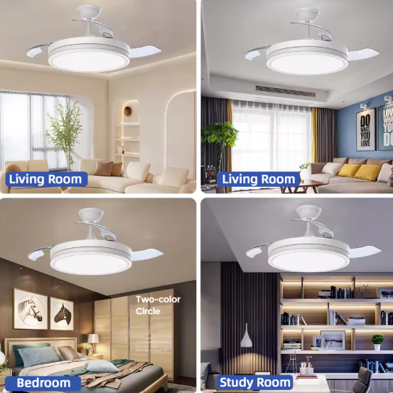 Ventilatore da soffitto moderno con LED, telecomando, 3 colori di luce selezionabili, pale invisibili, silenzioso, ideale per la camera da letto.