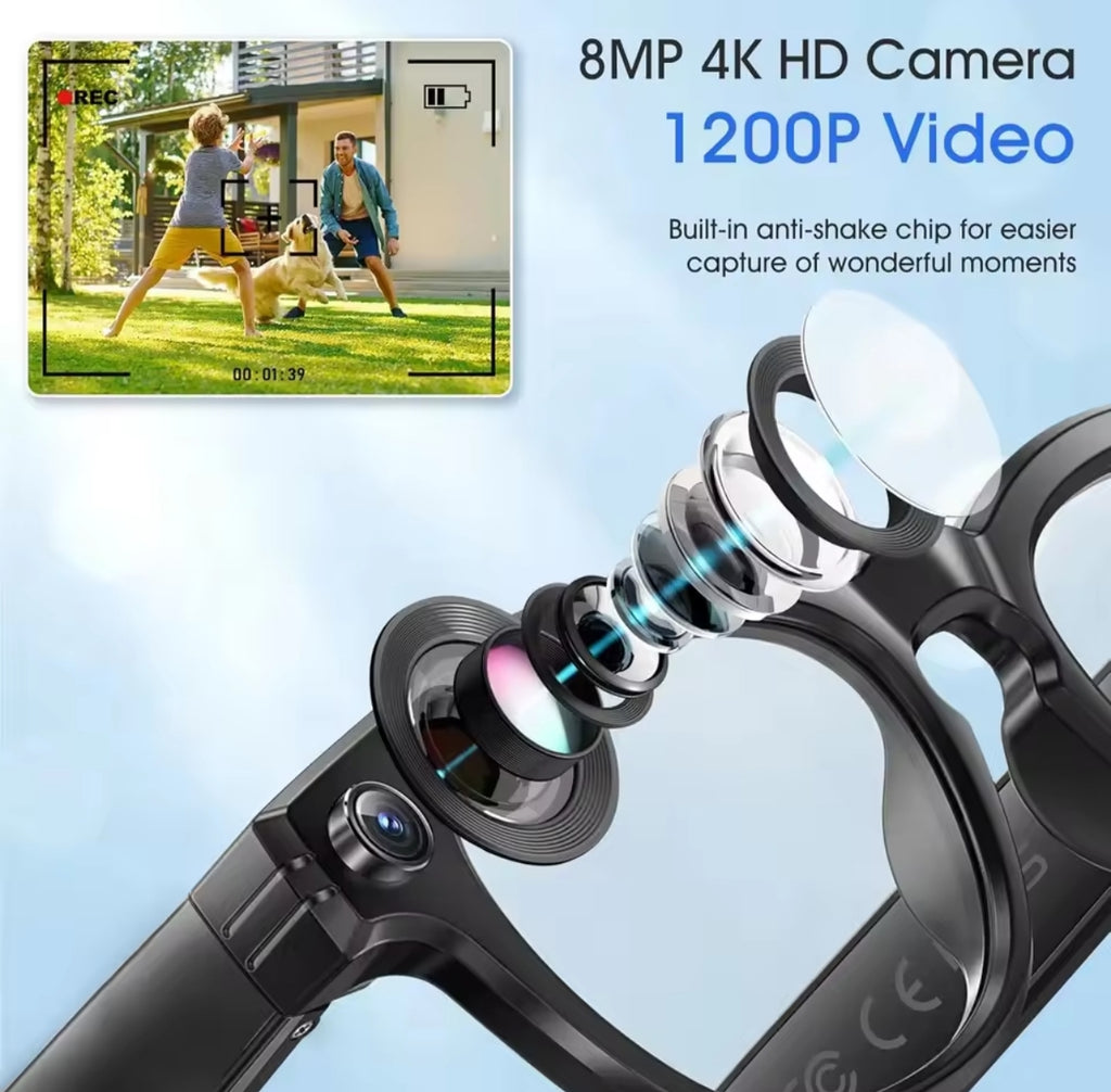 Nuova registrazione con occhiali intelligenti con fotocamera da 8 milioni di pixel Video Ai Photo Recognition Risposta Traduzione Impermeabile Occhiali a luce blu