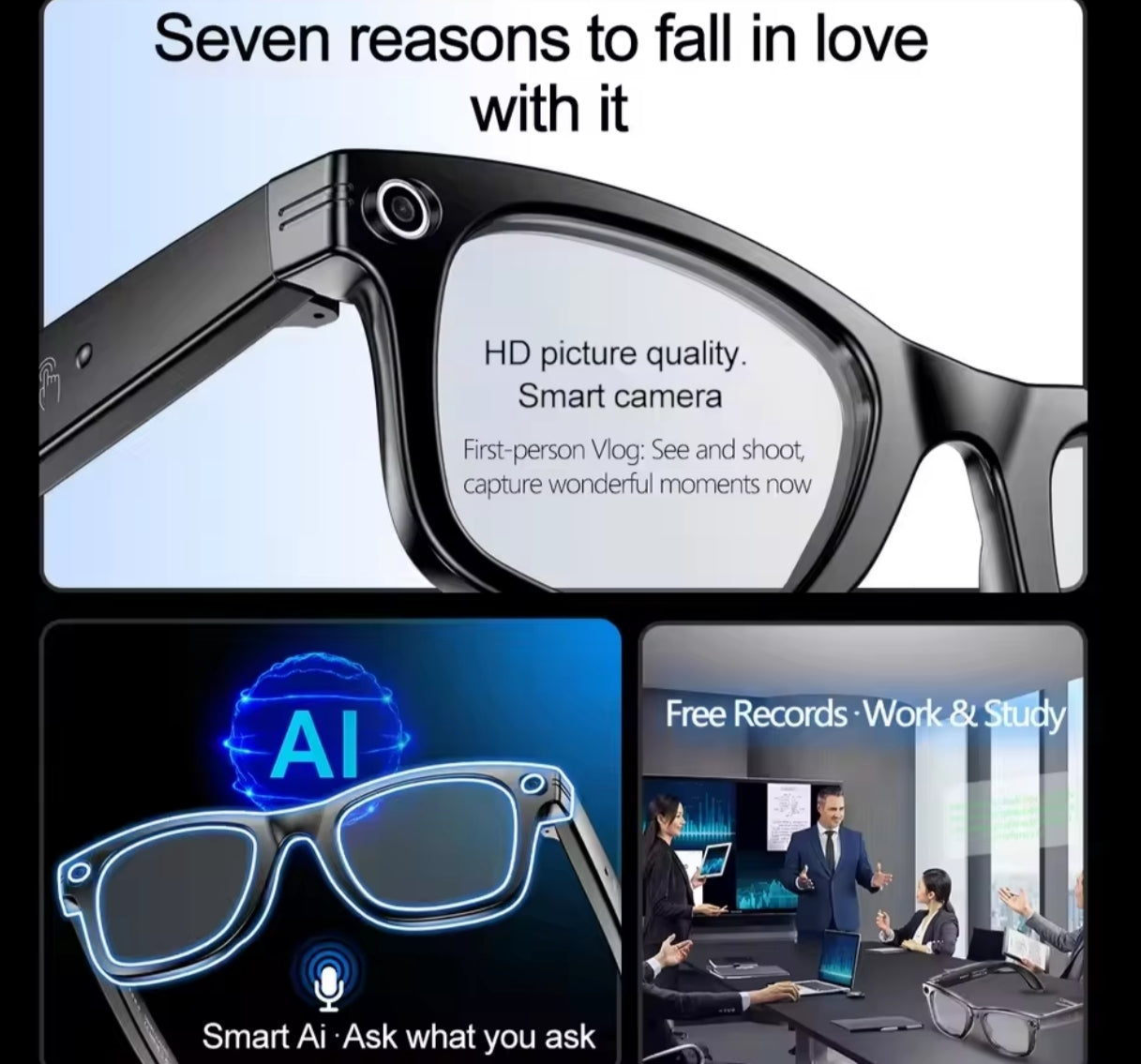 Nuova registrazione con occhiali intelligenti con fotocamera da 8 milioni di pixel Video Ai Photo Recognition Risposta Traduzione Impermeabile Occhiali a luce blu