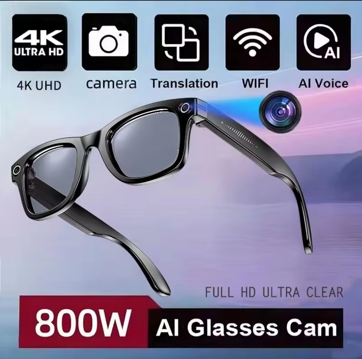 Nuova registrazione con occhiali intelligenti con fotocamera da 8 milioni di pixel Video Ai Photo Recognition Risposta Traduzione Impermeabile Occhiali a luce blu